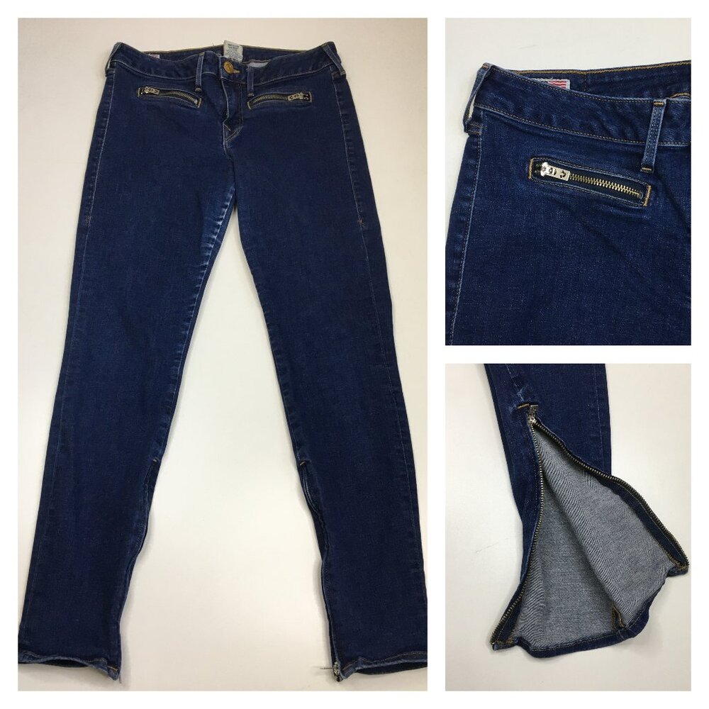 TRUE RELIGION Med/Dark Wash AMANDA Ankle Zipper & Pockets Logo Hardware Jeans